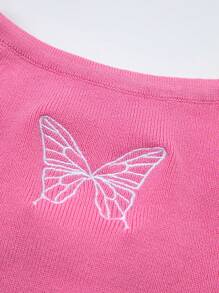 SHEIN Unity Butterfly Embroidery Ribbed Knit Halter Top - Hot Pink - View 3