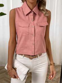 SHEIN LUNE Women'S Sleeveless Shirt With Lapel Collar And Pocket - Dusty Pink - View 3