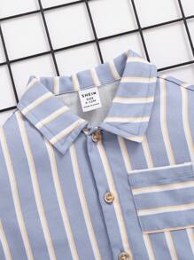 SHEIN 男嬰藍白條紋前扣襯衫休閒短褲 2 件套 - 藍色 - 查看 4