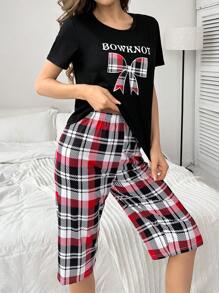 SHEIN 女士蝴蝶結字母印花上衣和格紋短褲睡衣套裝 - 黑色 - 查看 4