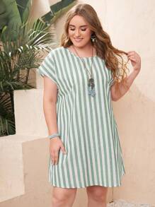 EMERY ROSE Plus Size Striped Casual Dress - Green - View 1