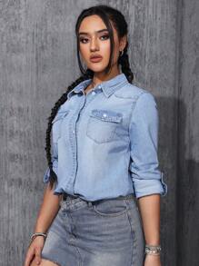 Của phụ nữ Flip Túi Tay áo dài Áo denim Áo - Rửa nhẹ - Xem 6