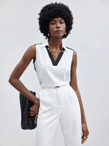 BizChic Débardeur Col En V Sans Manches Pour Femme Avec Bloc De Couleur - Blanc - Voir 1