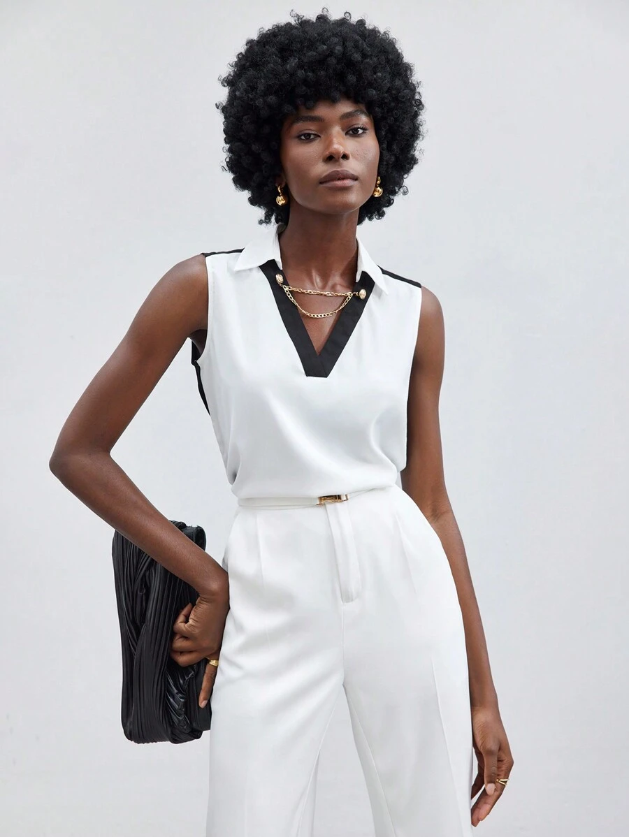 BizChic Débardeur Col En V Sans Manches Pour Femme Avec Bloc De Couleur - Blanc - Voir 1