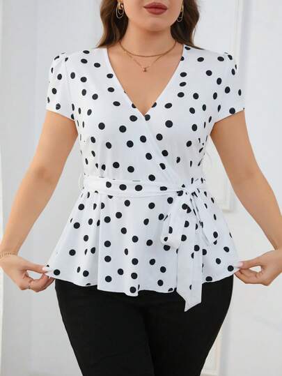SHEIN Clasi Summer Women's Plus Size Polka Dot Printed Puff Sleeve  Shirt