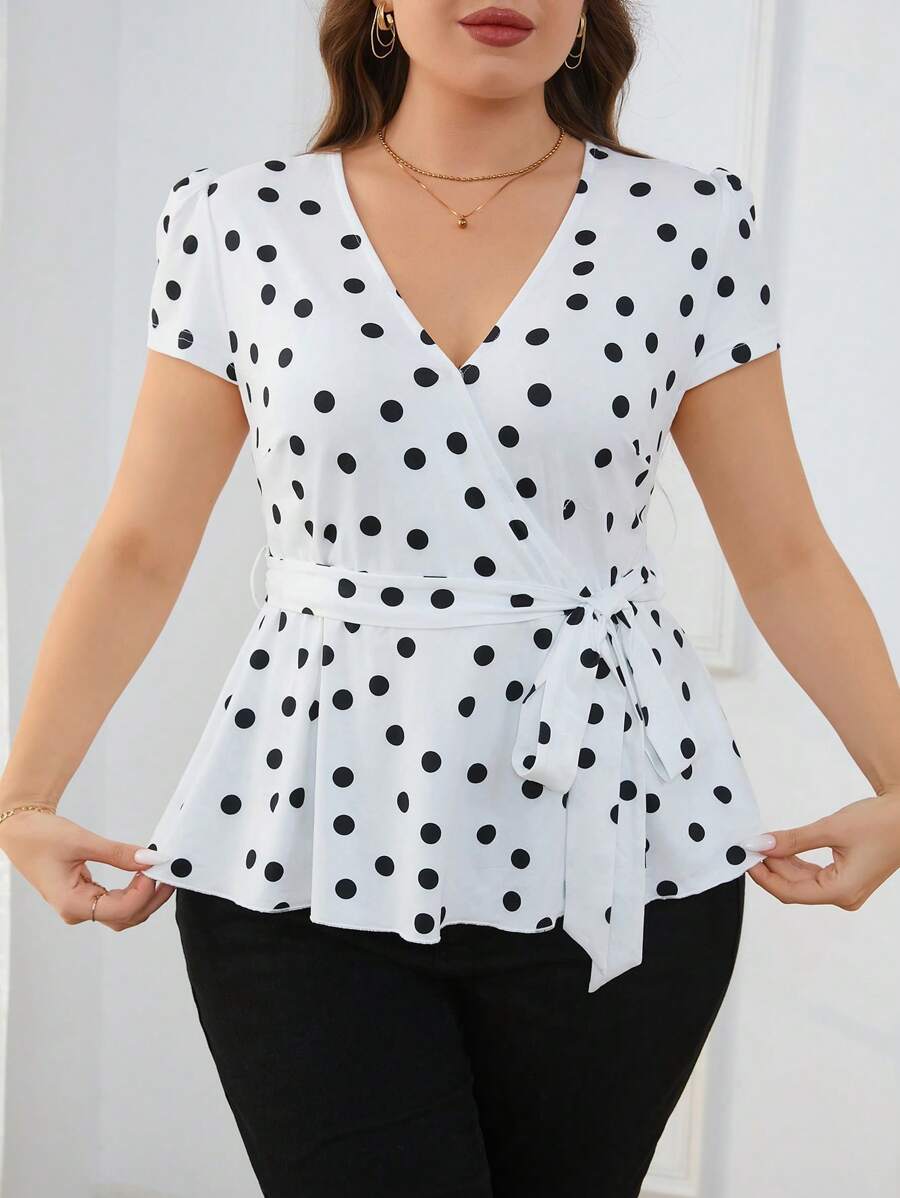 SHEIN Clasi Summer Women's Plus Size Polka Dot Printed Puff Sleeve  Shirt