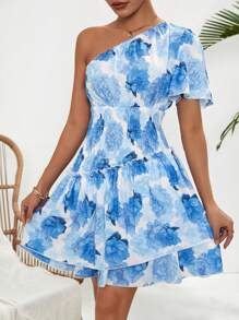 Breezaya Vestido De Cintura De Flores Para Mujer Con Un Solo Hombro Y Mangas Cortas Fruncidas