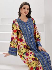 Al Najma Vestido árabe de manga larga con estampado floral - Amarillo - Ver 1