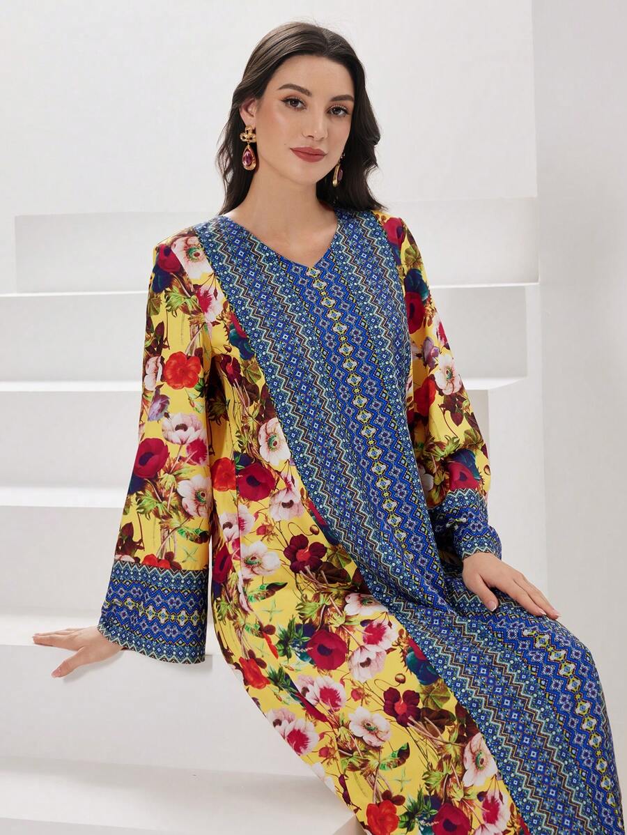 Al Najma Floral Printed Long Sleeve Arabian Dress - Yellow - View 1