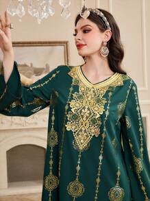 Al Najma Women's Arabic Floral Print Gold Foil Print Dress, Elegant Evening Party Dress