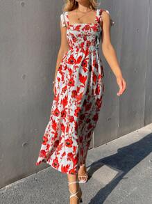 Breezaya Floral Print Shoulder Tie Sleeveless Dress - Red - View 5