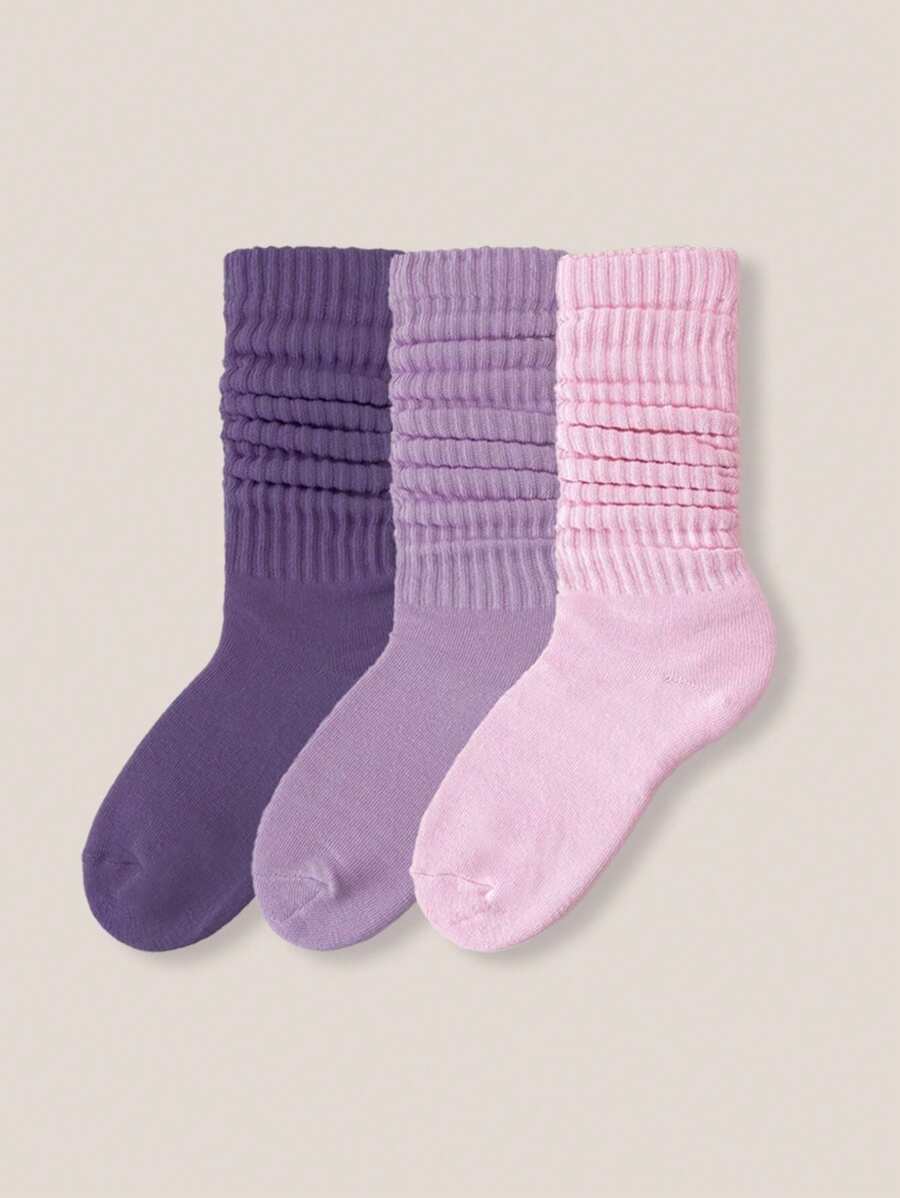 3 Pairs Purple Pile Heap Socks Mid-Calf Length - Purple - View 1