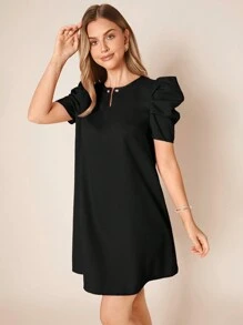 Amorya Damen-puff-kleider Mit Kurzen Ärmeln Und Rundhalsausschnitt - Schwarz - Übersicht 6