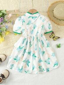 SHEIN 女孩夏日度假風碎花印花旗袍短袖洋裝搭扣+包包 - 彩色 - 查看 2