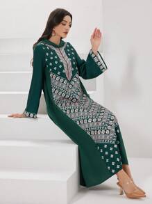 Al Najma 女款阿拉伯風格幾何圖案連帽連身裙 - 墨綠色 - 查看 4