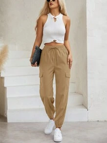 SHEIN LUNE Pantalones De Carga De Color Sólido Para Mujer - Caqui - Ver 5