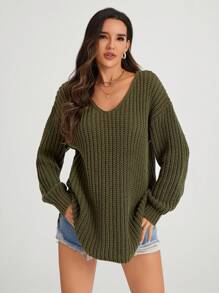 SHEIN LUNE Women's Slit Hem Drop Shoulder Sweater - Army Green - View 5