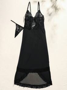 SHEIN 女性高分裂蕾絲背心連衣裙+t型後背性感內衣套裝 - 黑色 - 查看 2