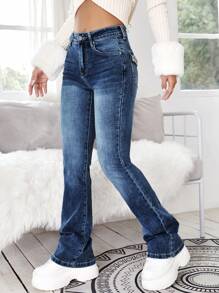 High Waist Bleach Wash Jeans - Blue - View 3
