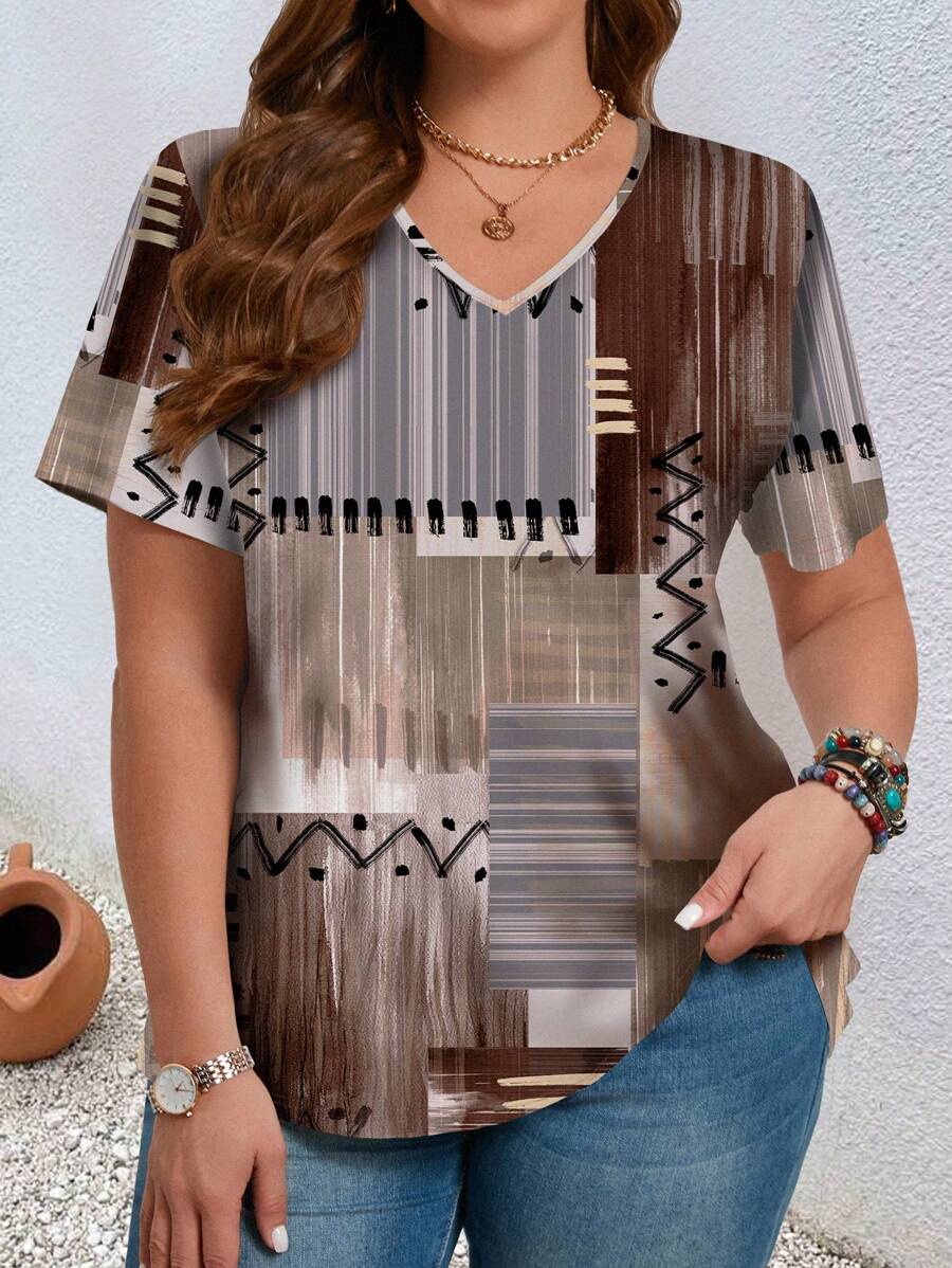 EMERY ROSE Camiseta de ajuste de verano con bloque de color e impresión gráfica asimétrica para mujer de talla grande - Marrón - Ver 1