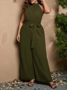 SHEIN Clasi Kích thước lớn Áo liền quần Với Túi , Bên Sọc , Eo Thắt lưng Và Halter Neck - xanh quân đội - Xem 4