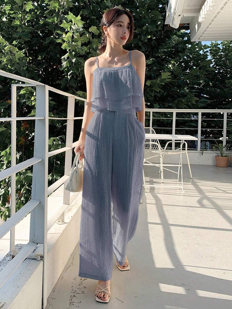 Dazy Star 女士纯色荷叶边下摆吊带背心和裤子假日套装夏季，女士两件套 - 藍色 - 查看 1