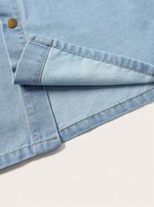 Tween Boy's Fold-Over Collar Short-Sleeve Denim Shirt With Pocket - Light Wash - View 4