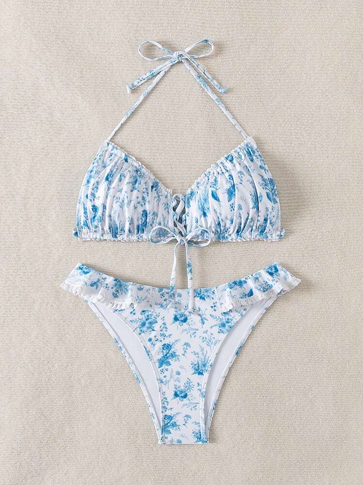 SHEIN Swim 夏季海滩女士花卉印花挂脖两件套比基尼套装 - 藍白色 - 查看 7