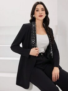 Modelyn 珠饰披肩领长袖西装外套和裤子套装女士商务西装两件套 - 黑色 - 查看 1