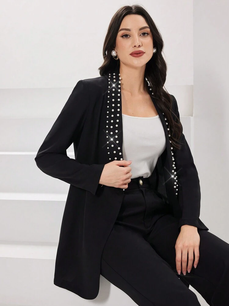 Beads Embellished Shawl Collar Long Sleeve Suit Jacket And Pants Set Business Suits For Woman 2 Piece Set