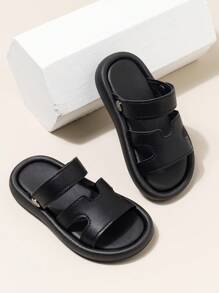 1雙黑色pu貝比涼鞋兒童拖鞋幼兒學步鞋