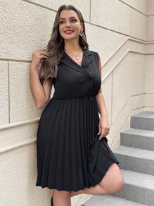 SHEIN Clasi Plus Size Women's Color Block High Neck Pleated Hem Dress - Black - View 3