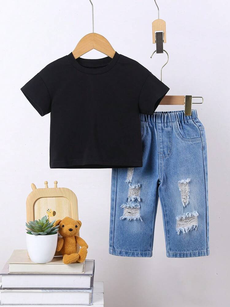Baby Boys' Street Cool Cute Bear & Astronaut Printed Loose, Comfortable, Soft Black Short Sleeve T-Shirt And Elastic Waist Ripped, Loose, Casual, Straight Leg Jeans Two Piece Set