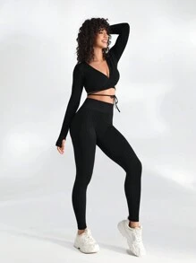 Lifespree Wrap Tie Crop Long Sleeve Top And Leggings Sports Set
