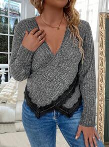 SHEIN LUNE 大尺碼女蕾絲拼接長袖 T 卹 - 深灰色 - 查看 6