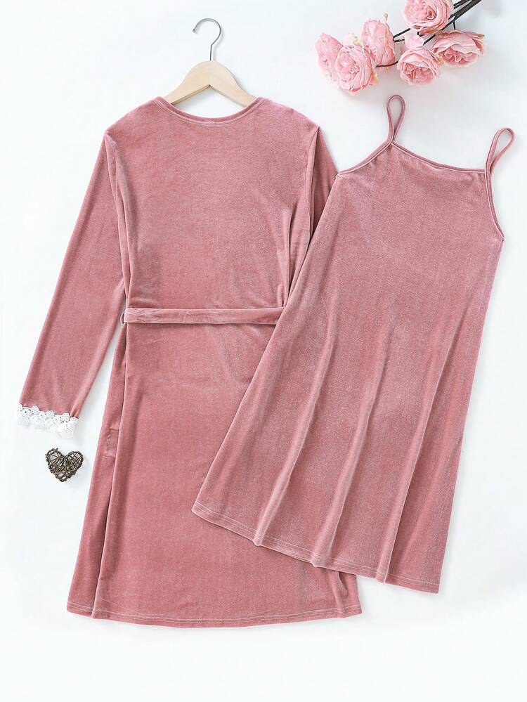 Teen Girl's Simple Design Velvet Cami Sleepdress And Matching Long Robe Two-Piece Homewear Set, Light Pink