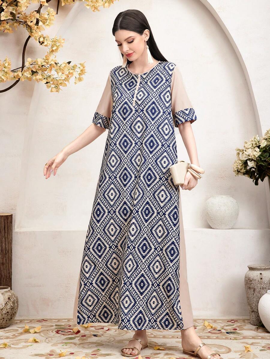 Al Najma Women's Casual Geometric Printed Patchwork Dress
