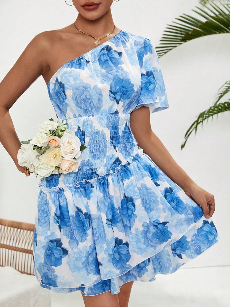 Women's Floral Print Waist Shirred One Shoulder Short Sleeve Dress