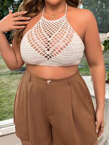 Flirla Top De Punto Halter Ahuecado Para Mujer Talla Grande