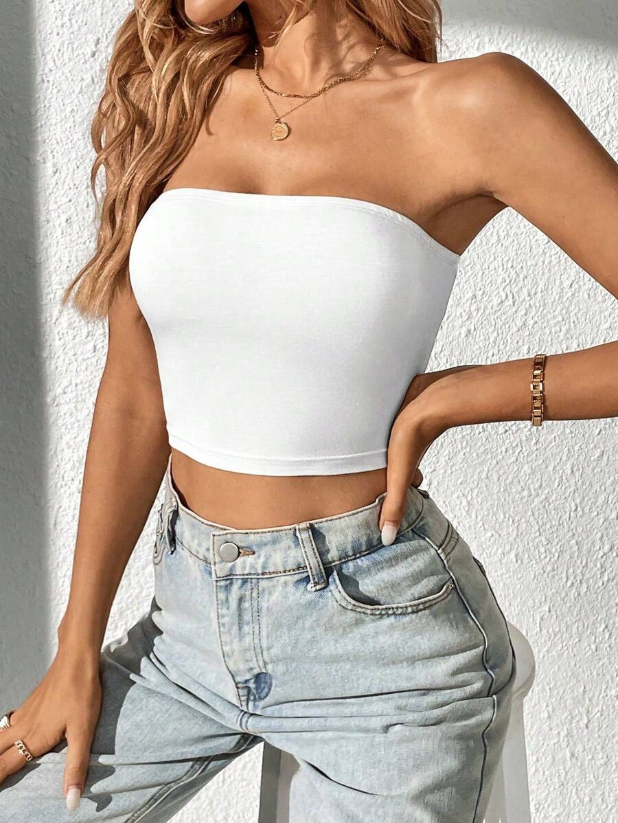 SHEIN Tall Solid Crop Tube Top - White - View 1