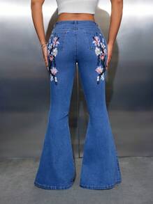 SHEIN SXY Jeans Acampanados De Bordado Floral Para Mujeres