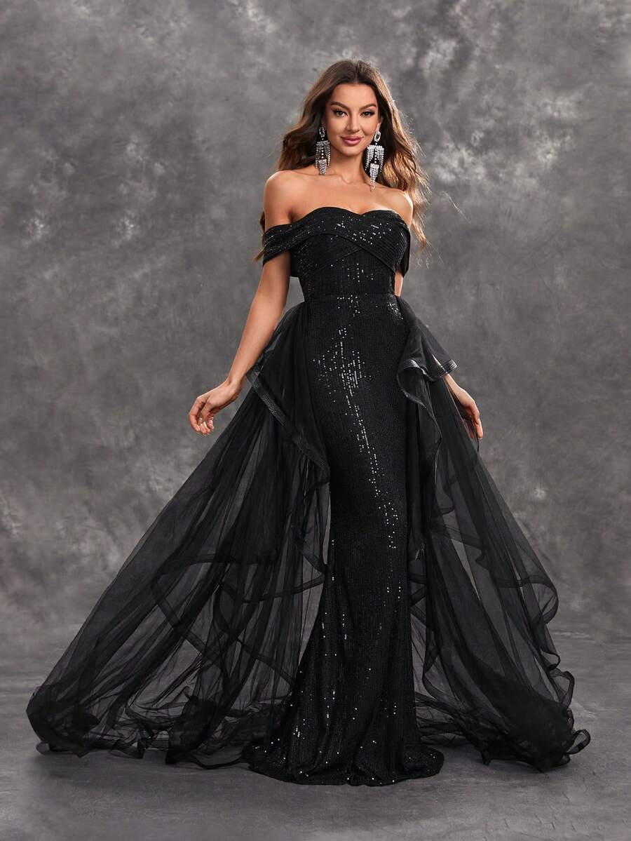 YISIKADO Women's Sparkly Cross Front Mesh Decorated Off Shoulder Evening Dress For Dance Party, Halloween - Black - View 1