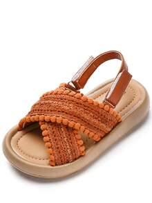 Kids' Flat Comfortable Sandals With Hook And Loop For Girls, Lightweight - Brown - View 3