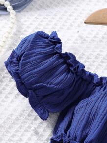 SHEIN 嬰兒女童休閒露肩短袖上衣+裙子套裝 - 寶藍色 - 查看 4