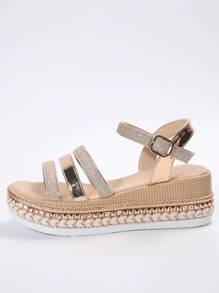 金色坡跟仙女凉鞋，春夏交叉绑带厚底罗马鞋，百搭显瘦，旅行必备 - 金色 - 查看 4