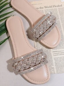 SHUZIA Giày Sandal Đế Bằng Đính Đá Rhinestone Cho Nữ Quà Tặng Ngày Lễ Valentine Năm Mới Giày Mùa Hè Quà Tặng Valentine - Màu be - Xem 3