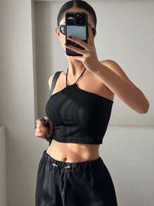 DAZY Solid Color Slim Fit Stretchy Crop Top With Halter Neck For Women Going Out Tops Festival Summer - Black - View 5