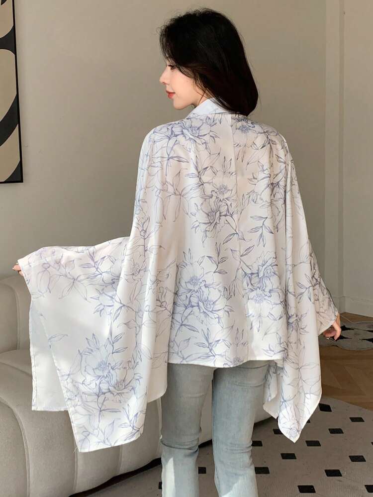 Printed Exaggerated Flare Sleeve Shirt Long Sleeve Top Floral