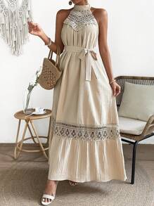 Breezaya Women's Lace Splice Halter Neck Dress Maxi Vacation Beach Outfit