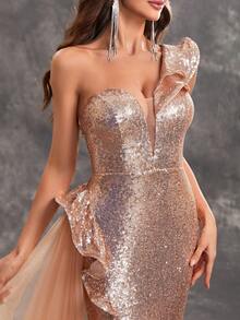 YISIKADO Women's Sleeveless Sequined Cocktail Party Dress With Ruffled Hem & Side Slit, Formal Evening Gown - Champagne - View 4